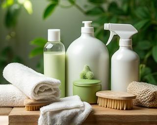 Eco-friendly cleaning products on table